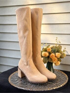 Neutral Beige Suede Knee High Boots Block Heel Minimalist Tall Boots Size 5.5-6